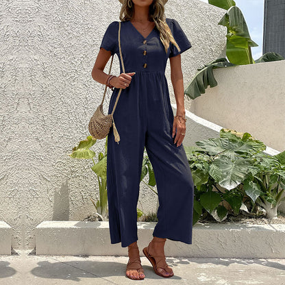 Damen Jumpsuit Weite Beine Knopfdetails Norvielle