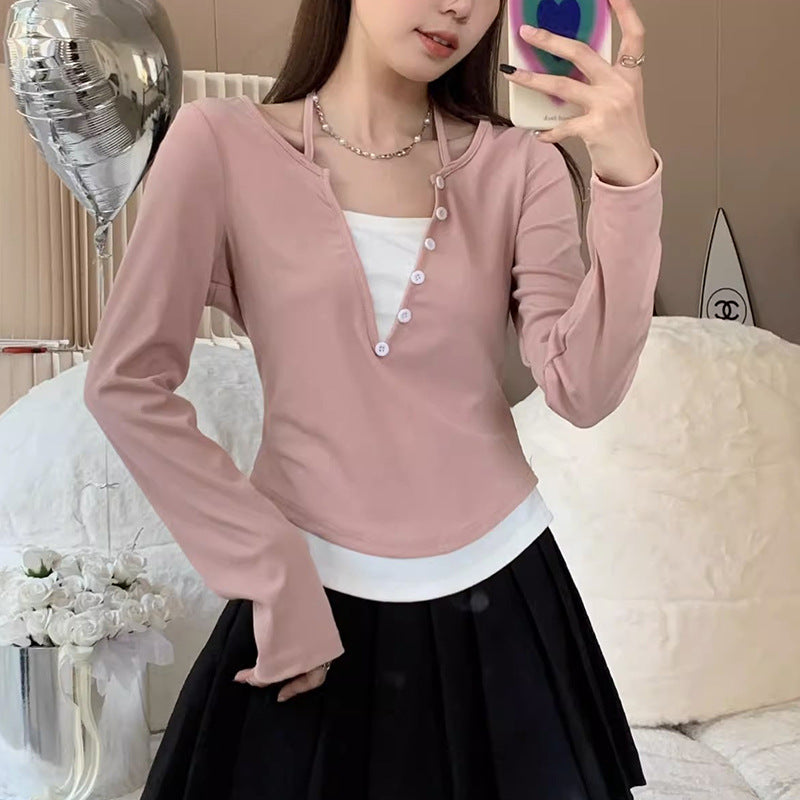 Damen Langarmshirt Moderner Knopfleistentwurf Baumwolle Weiß