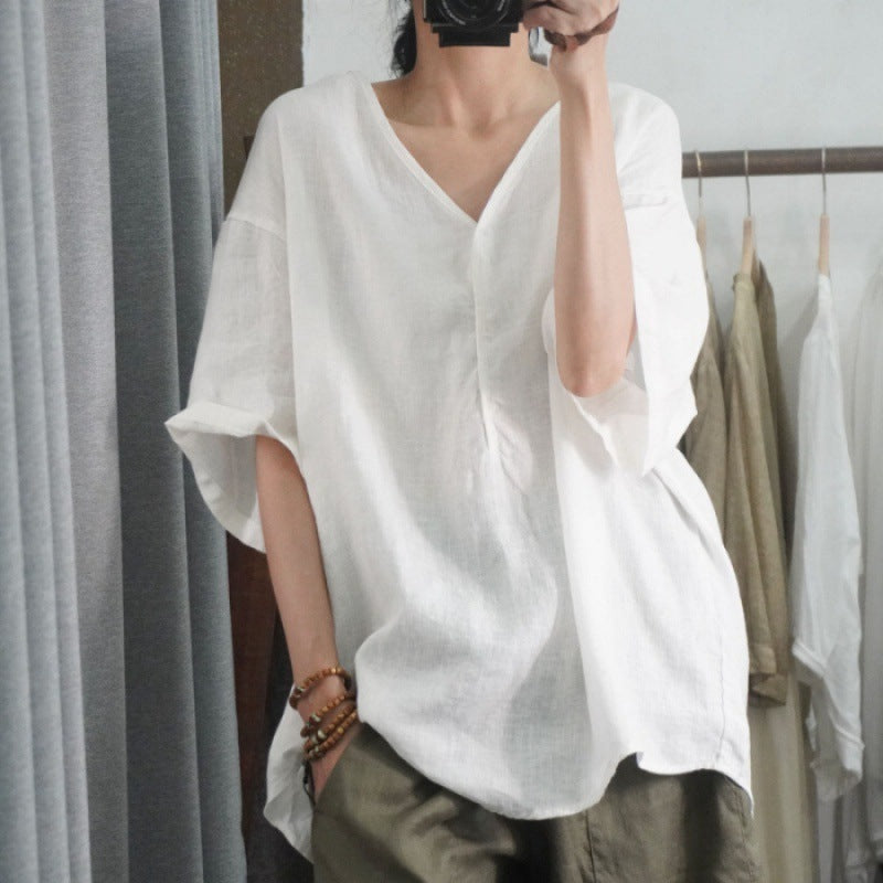Damen Leinen-T-Shirt Oversized V-Ausschnitt Lässig Beige