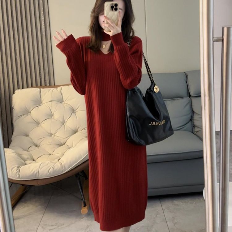 Damen Strickkleid V-Ausschnitt Rippdesign