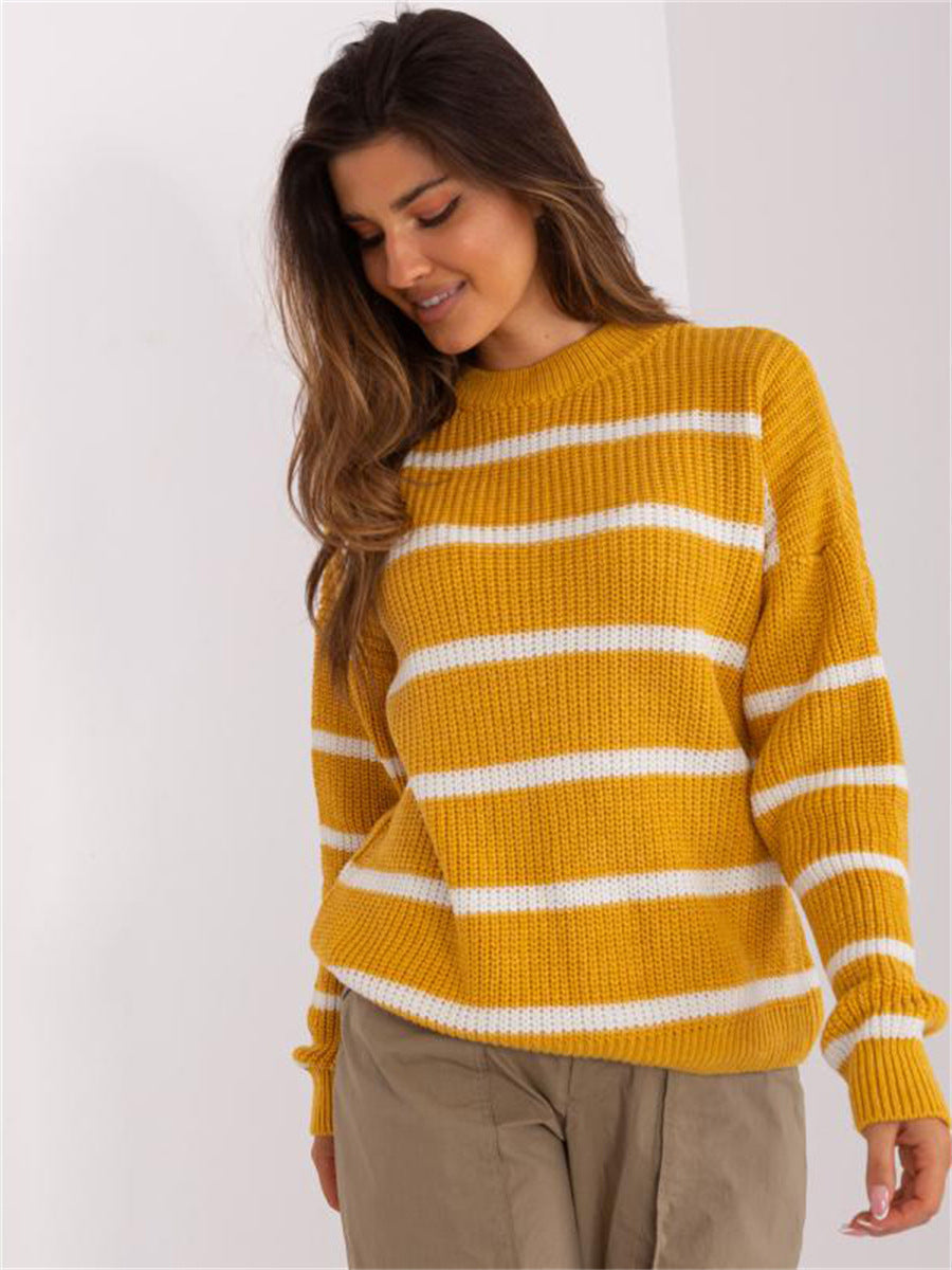 Damen Grobstrickpullover Rundhalsausschnitt Lässiges Streifenmuster