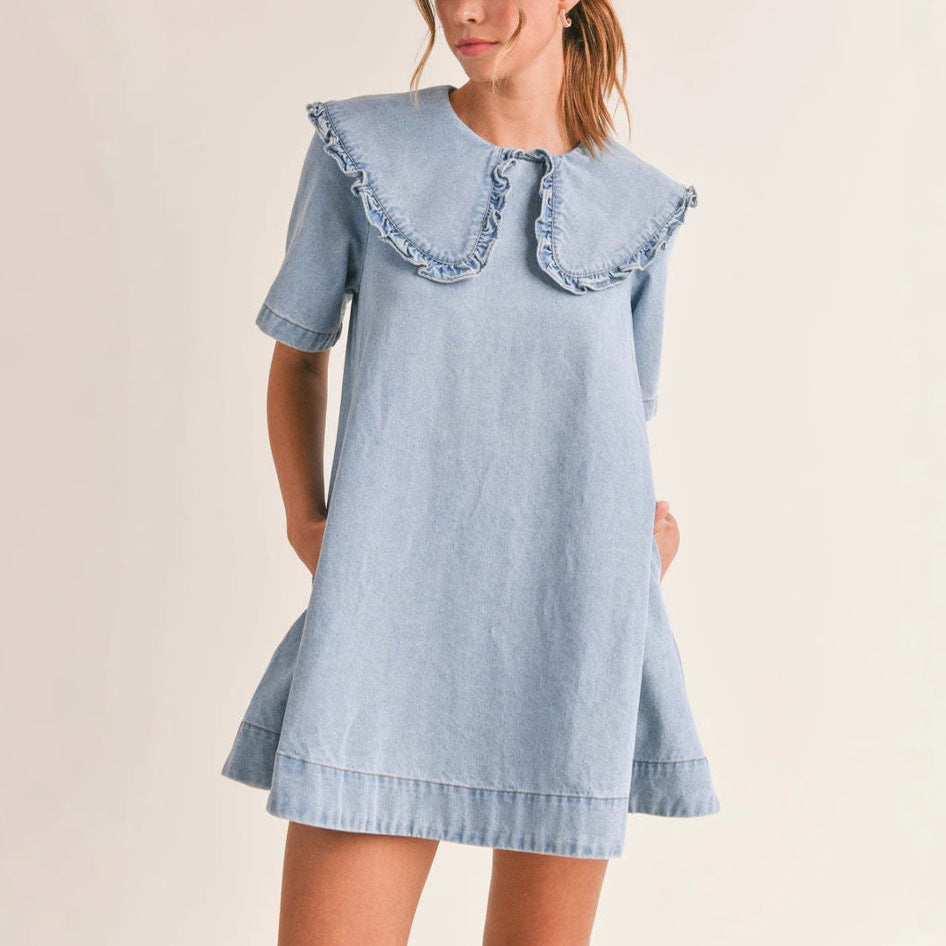 Damen Denimkleid Voluminöser Kragen Rüschendetails Blau - Norvielle
