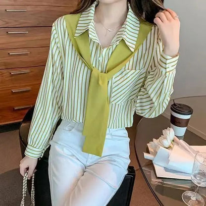 Damen Bluse Gestreift Lässiger Kragen Weiß