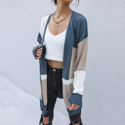 Damen Strickcardigan Gestreift Offener Schnitt Lässige Ärmel