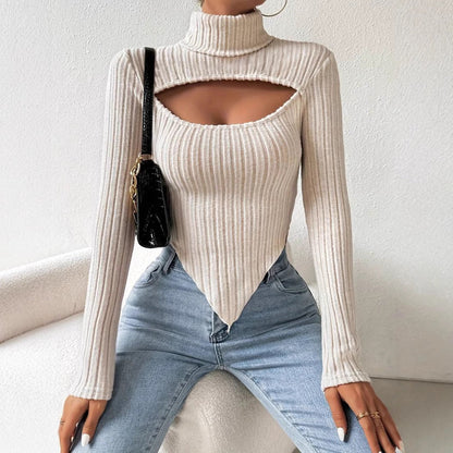 Damen Langarm-Body Asymmetrischer Ausschnitt Rippstruktur Schwarz - Norvielle