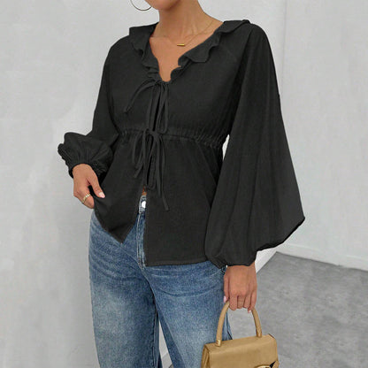 Damen Shirtjacke Blusenstyle Voluminöse Ärmel Rüschen Norvielle - Norvielle