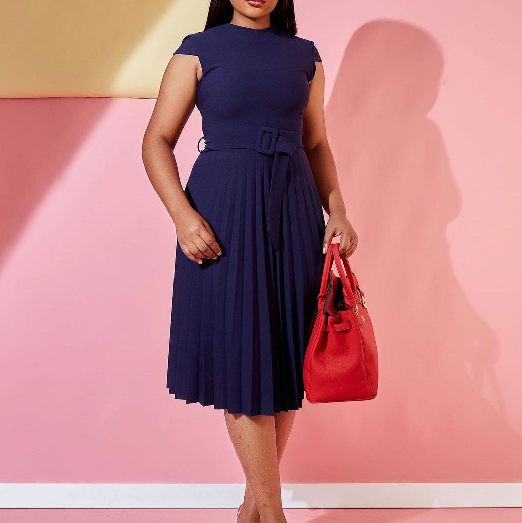 Damen Kleid Plissee mit Stehkragen und Taillengürtel