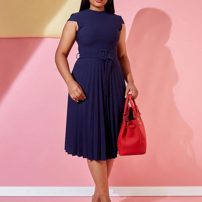 Damen Kleid Plissee mit Stehkragen und Taillengürtel