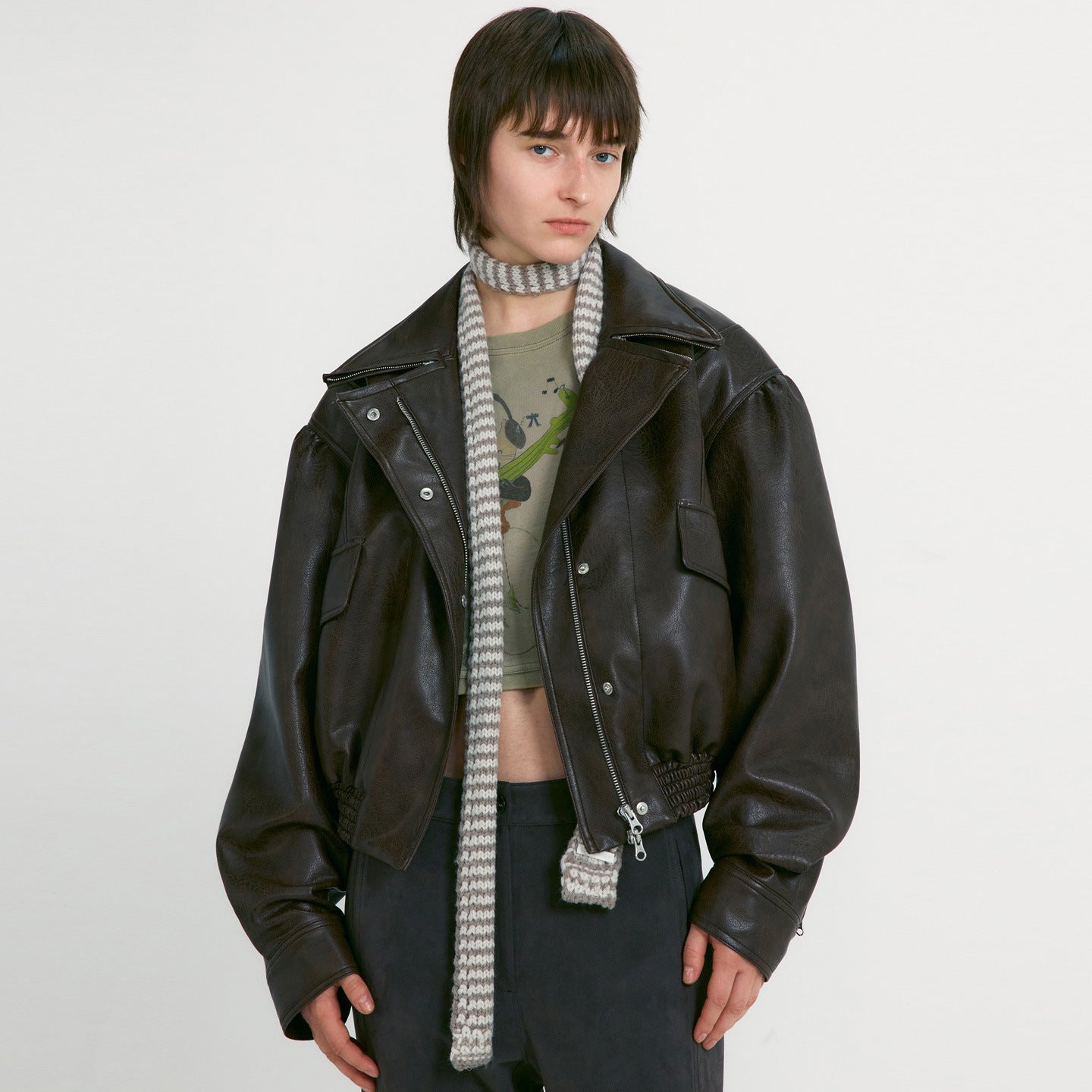 Damen Lederjacke Oversized Praktische Taschen Norvielle