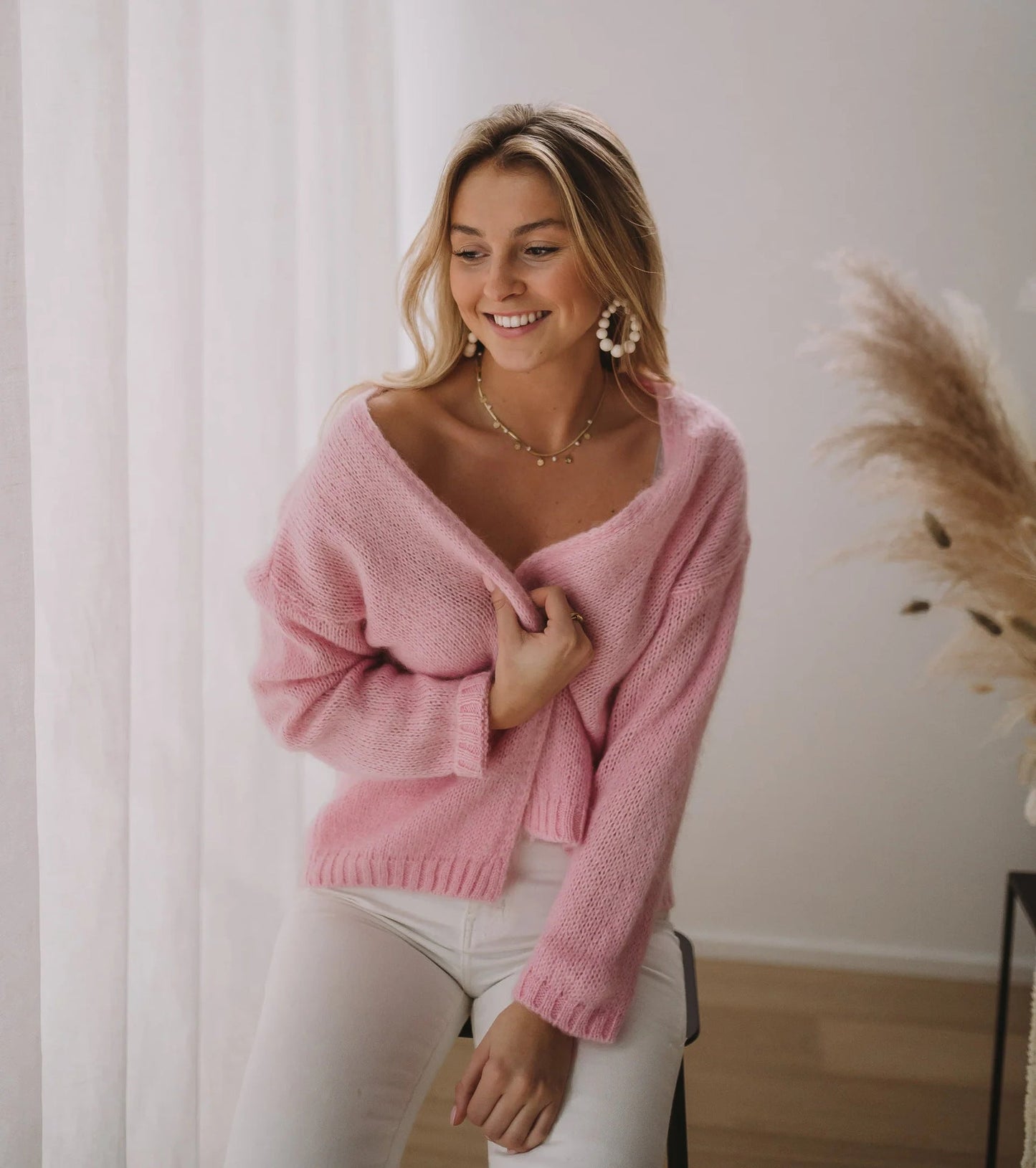 Damen Oversized-Pullover Weich V-Ausschnitt Beige