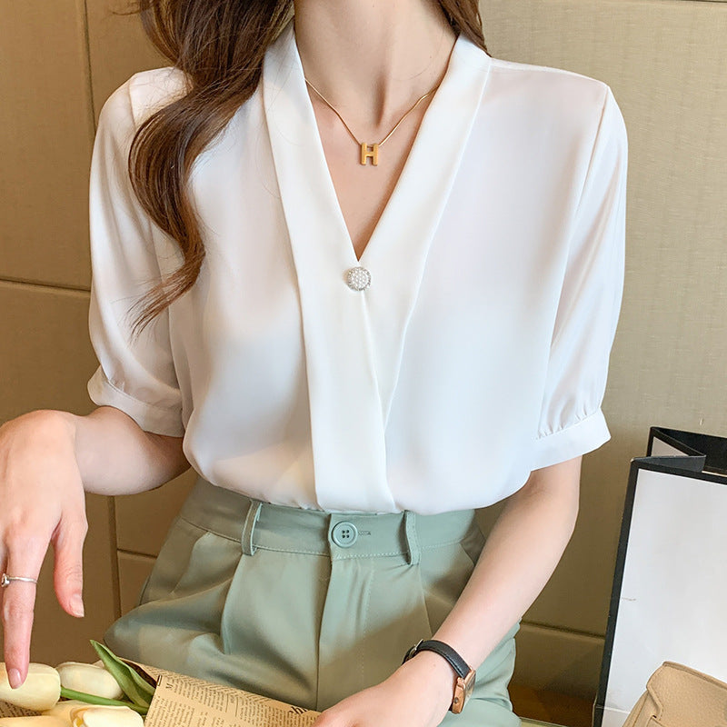 Damen Bluse V-Ausschnitt Dekorativer Knopf Norvielle