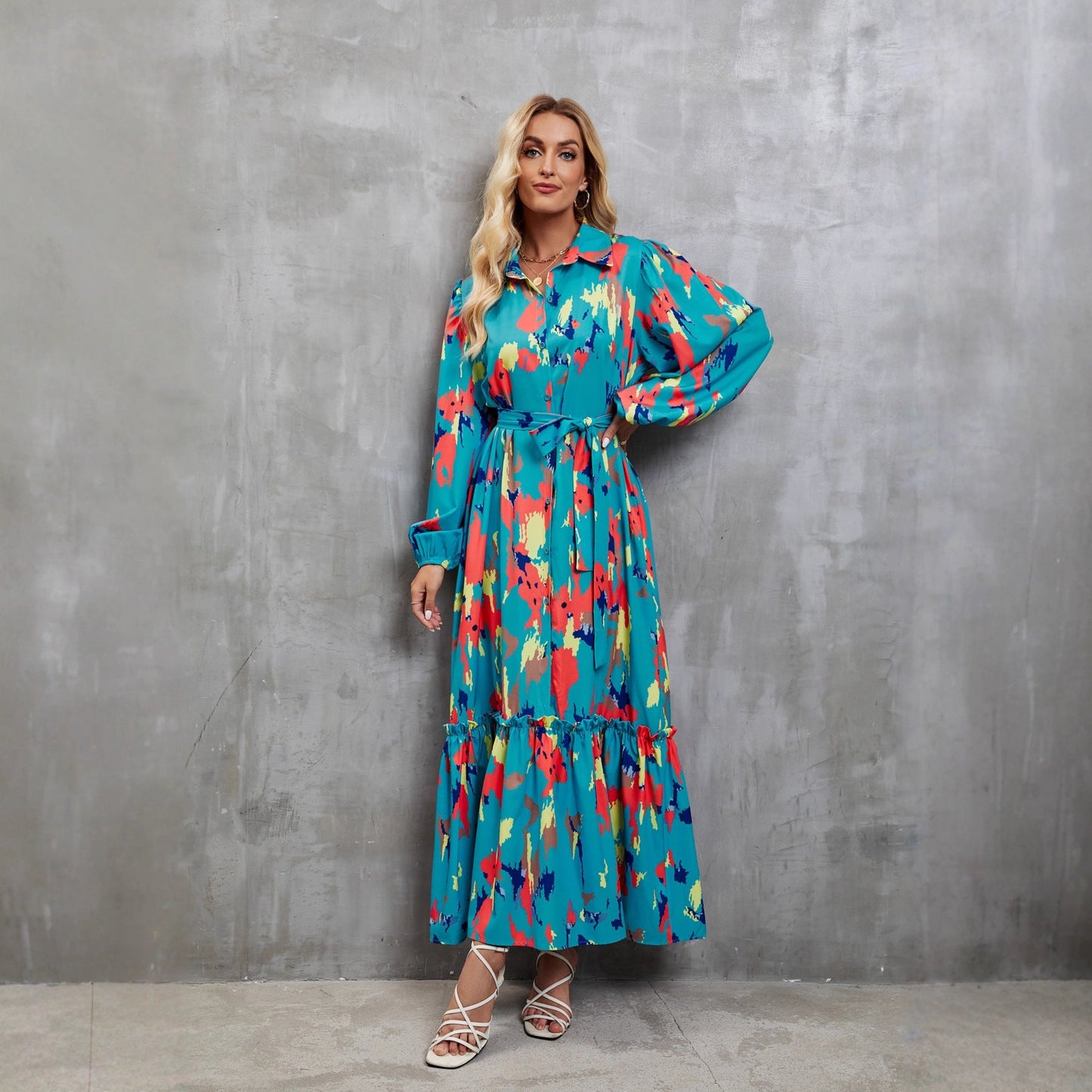 Damen Maxi-Kleid Langarm Floralmuster