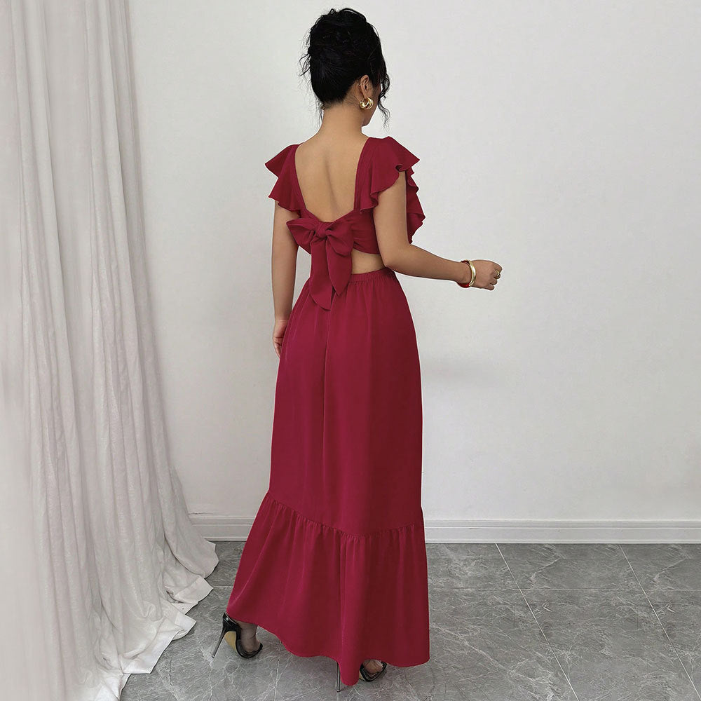 Damen Maxikleid Voluminöse Rüschen Rückenausschnitt Norvielle