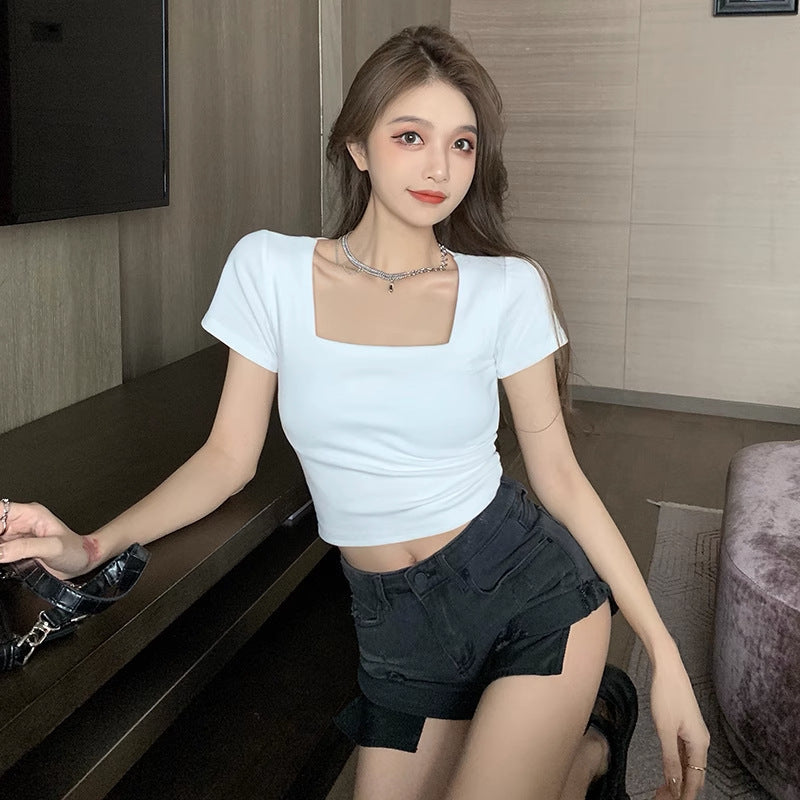 Damen T-Shirt Cropped Quadratischer Ausschnitt Figurbetont - Norvielle