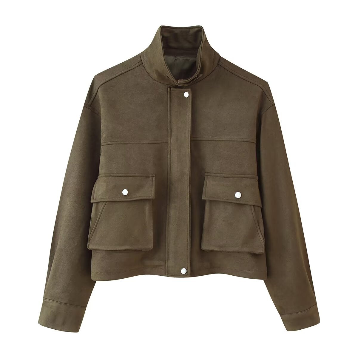 Damen Utility-Jacke Doppelbrusttaschen Hochschließender Kragen