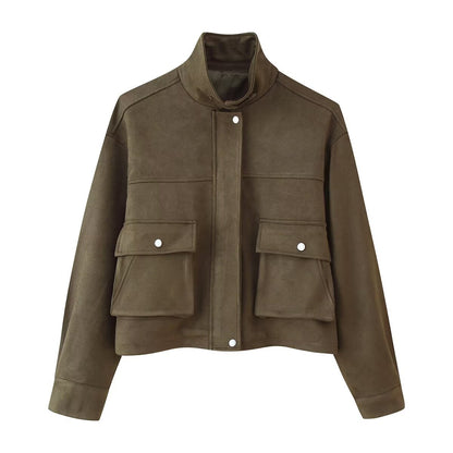 Damen Utility-Jacke Doppelbrusttaschen Hochschließender Kragen