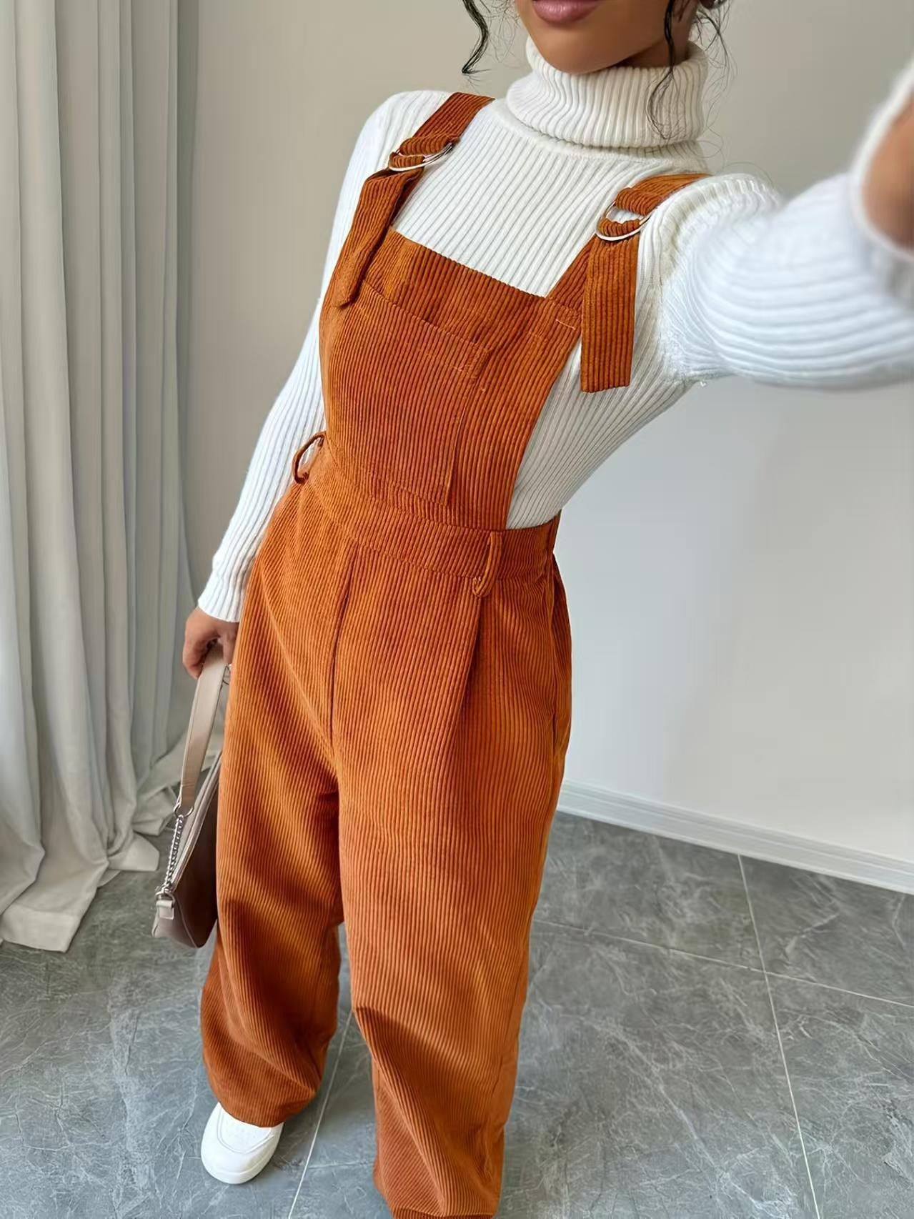 Damen Cord-Overall Lässig Geschnitten Beige