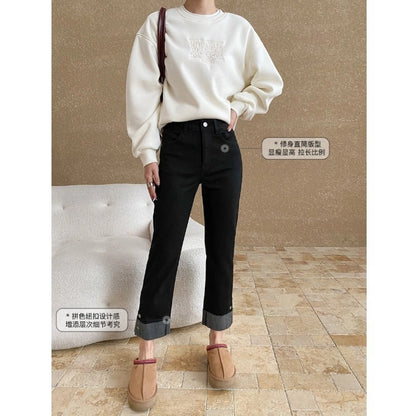 Damen Hochtaillierte Jeans Umschlag-Saum