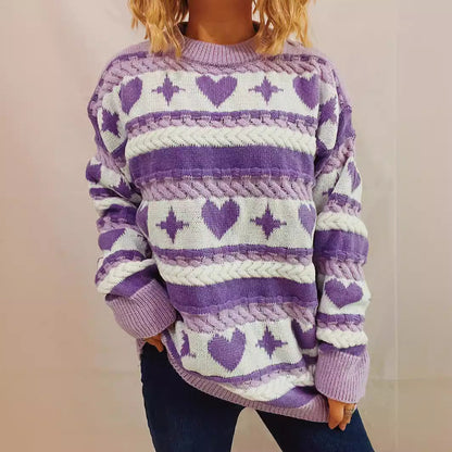 Damen Pullover Grobgestrickt Herzförmiges Muster Breite Streifen - Norvielle
