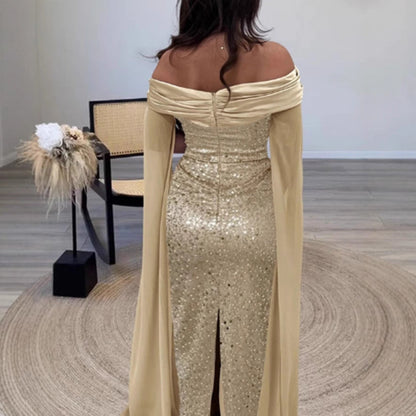 Damen Abendkleid Schulterfrei Glitzernd Langärmlig Norvielle