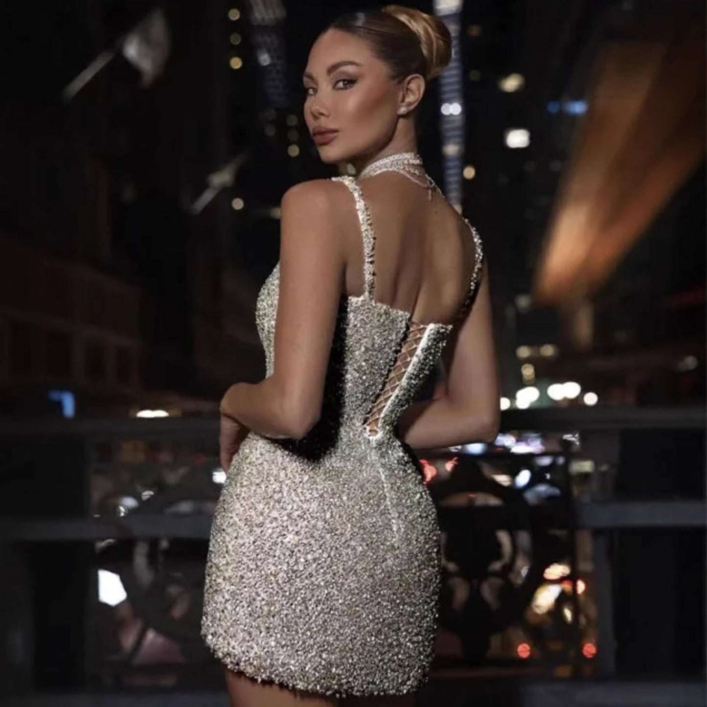 Damen Minikleid Pailletten Figurbetont