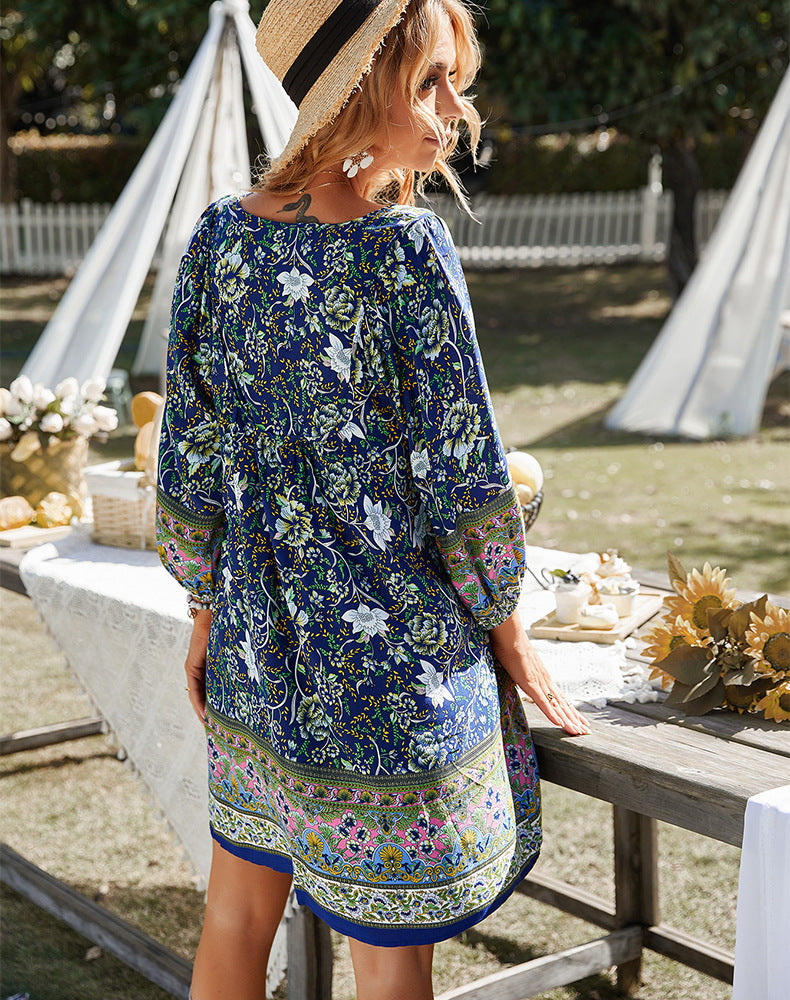 Ritchie Damen Sommerkleid Blumendruck V-Ausschnitt Weit Bischofsärmel