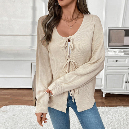 Damen Strickpullover Lässig Verstellbarer Kordelzug Feminin Beige - Norvielle
