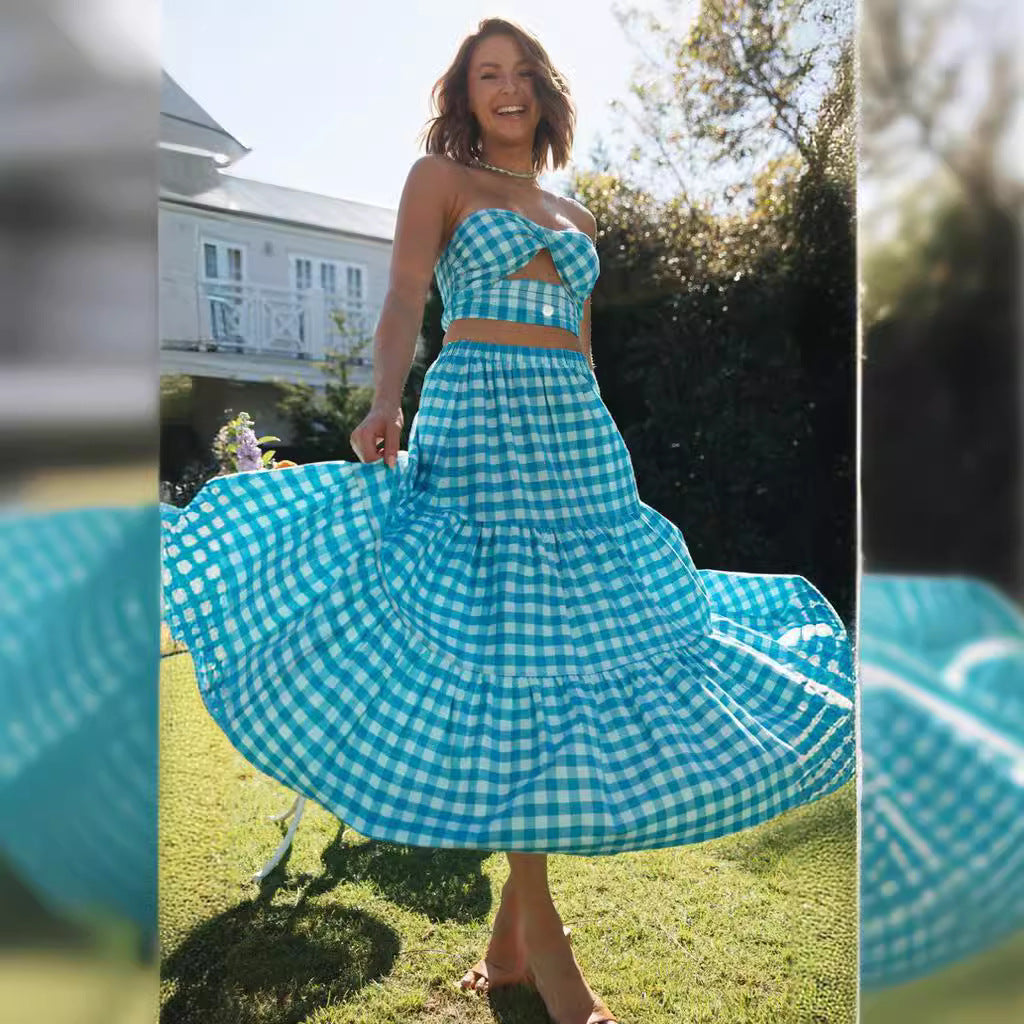Damen Gingham Set Crop Voluminöser Rock