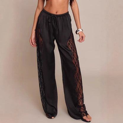 Damen Satin-Hose mit Spitzeneinsätzen Seiten-Schnitt Schwarz - Norvielle