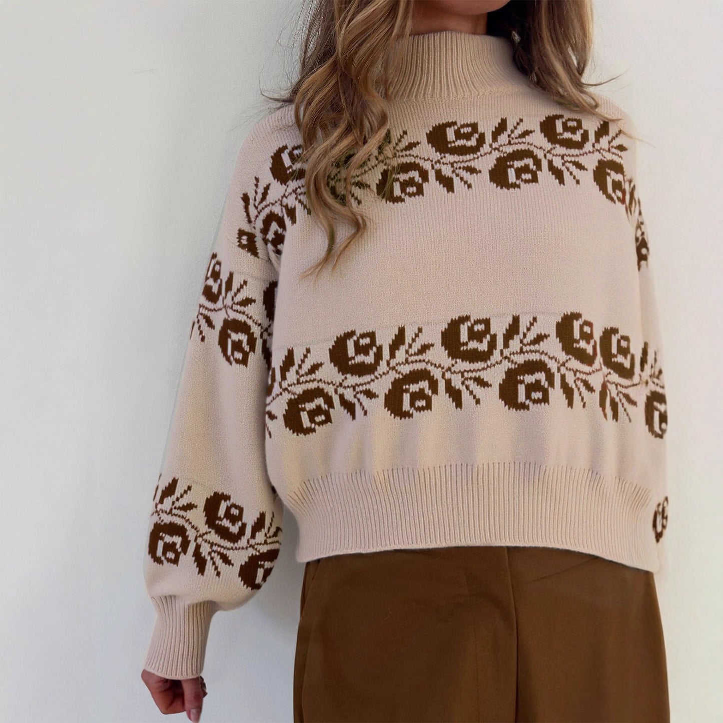 Damen Strickpullover Florales Muster Hochkragen Norvielle