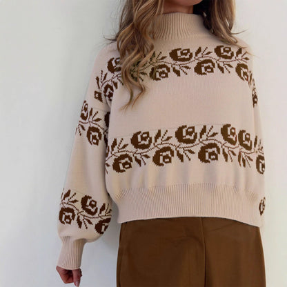 Damen Strickpullover Florales Muster Hochkragen Norvielle
