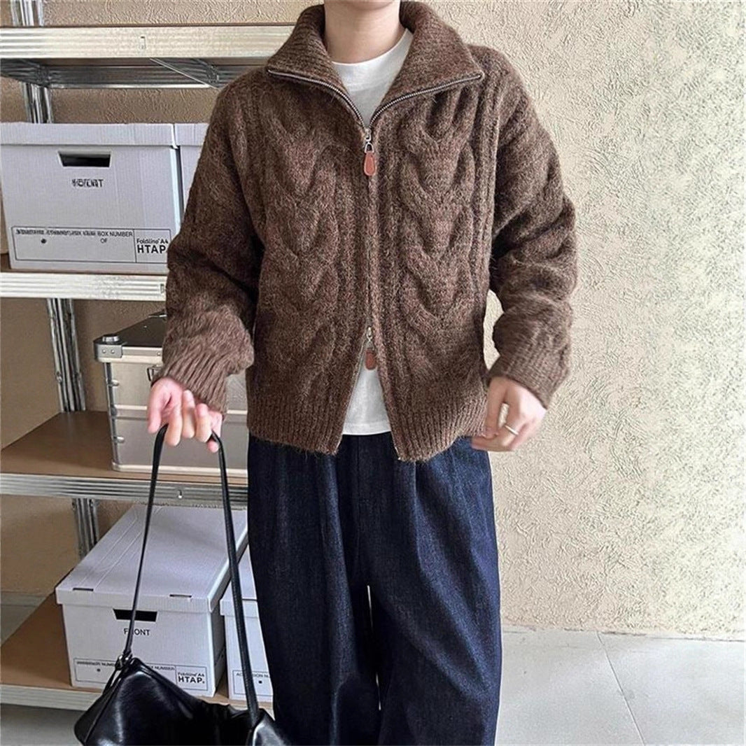 Damen Grobstrickjacke Stehkragen Zopfmuster dunkelblau