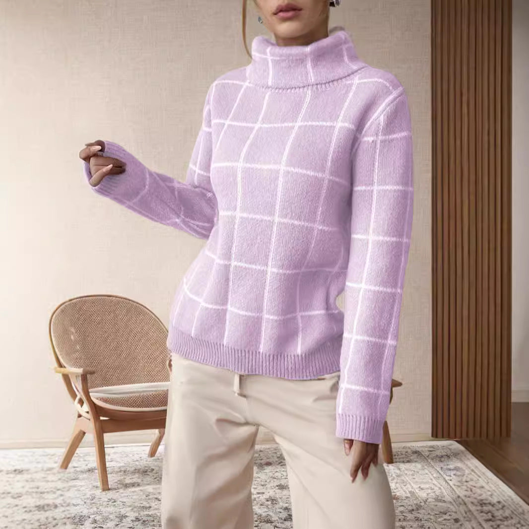 Damen Grobstrickpullover Karomuster Hochkragen Beige