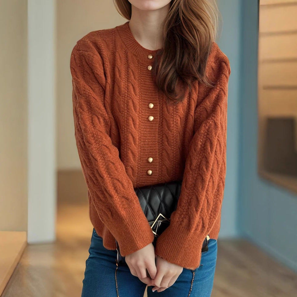 Damen Strickjacke Zopfmuster Perlenknöpfe Beige