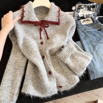 Damen Strickjacke Kuschelig Großer Kragen Knöpfe Beige