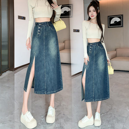 Damen Denim-Rock Lang Mit Frontschlitz