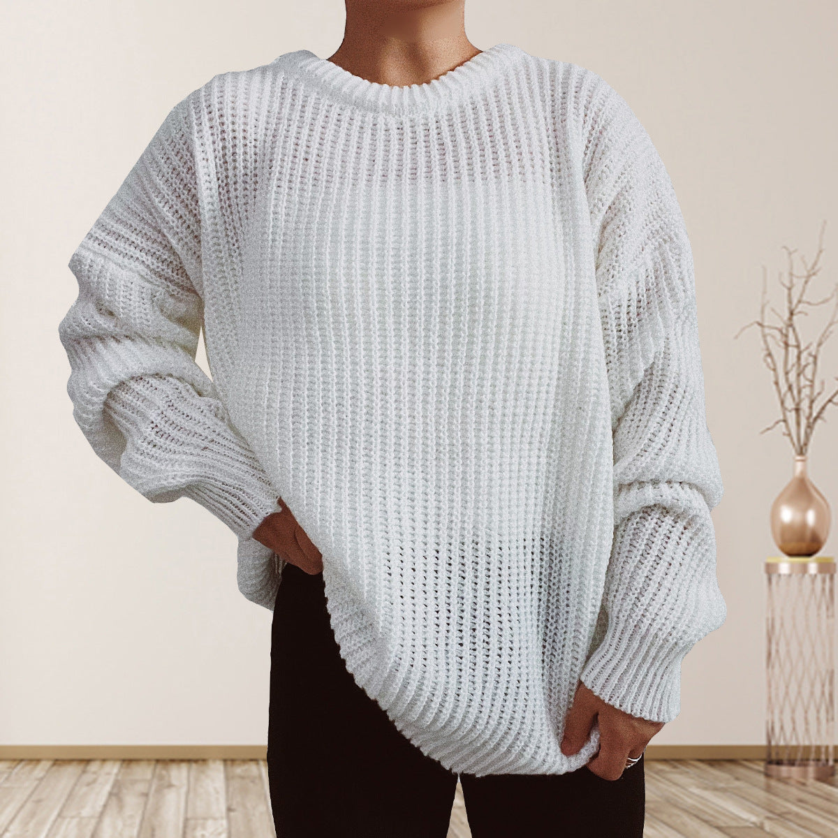 Damen Grobstrickpullover Überschnittene Schultern Beige