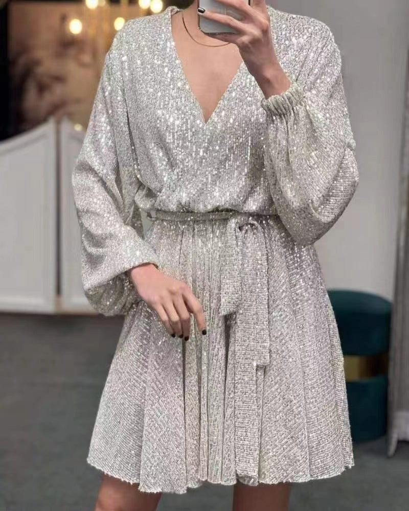 Damen Glitzerndes Mini-Kleid V-Ausschnitt Puffärmel Norvielle