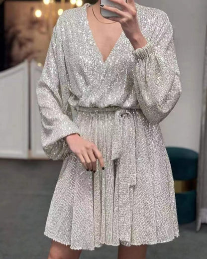 Damen Glitzerndes Mini-Kleid V-Ausschnitt Puffärmel Norvielle