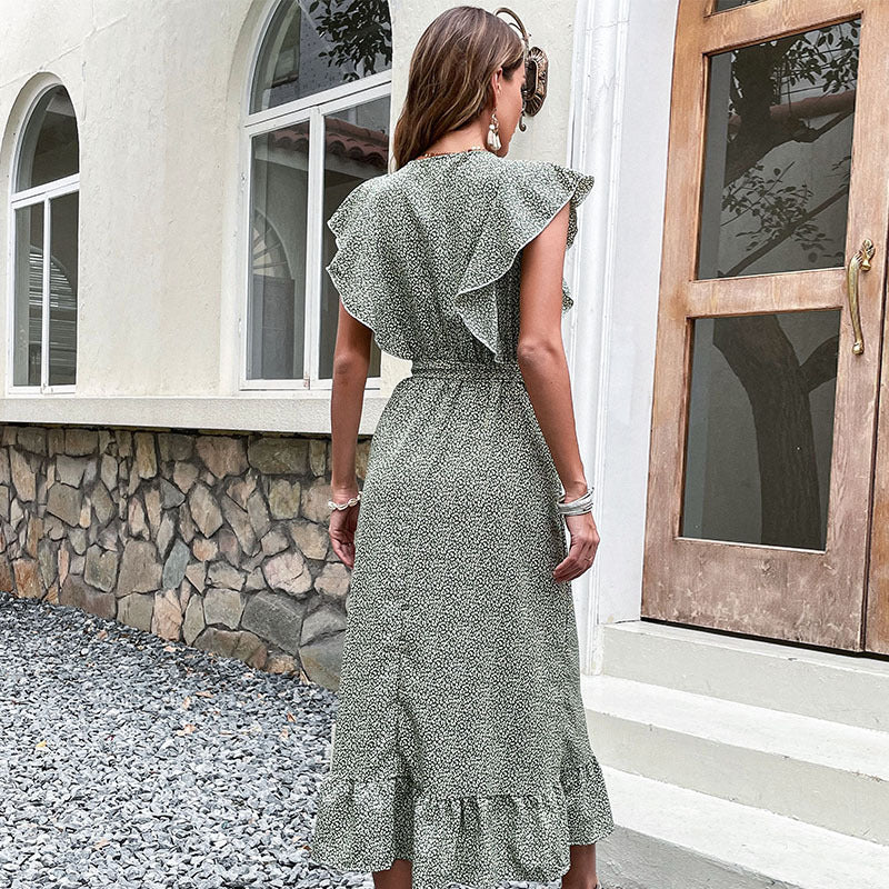 Damen Midi-Kleid Rüschendetails Taillengürtel