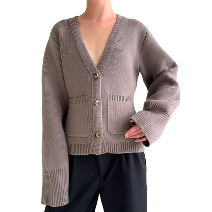 Damen Strickjacke V-Ausschnitt Große Taschen Norvielle