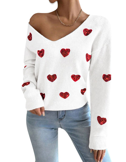 Damen Oversized Pullover V-Ausschnitt Herzmotiv