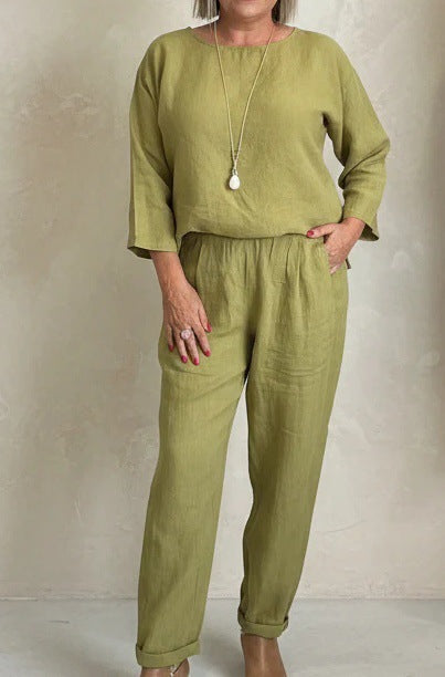 Damen Leinen-Set Weites Oberteil Bequeme Hose Beige