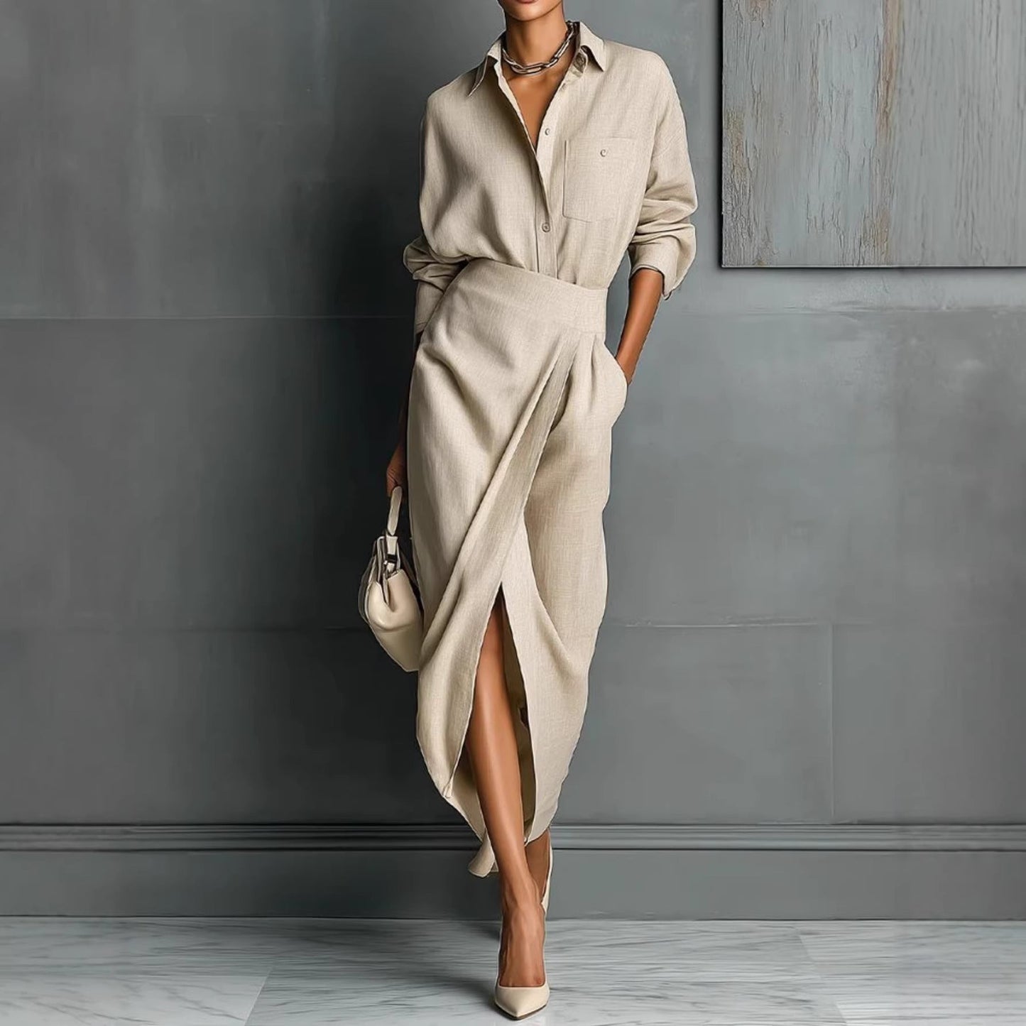 Damen Maxikleid Asymmetrischer Schnitt Elegante Falten Norvielle - Norvielle