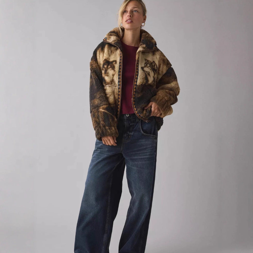 Damen Fleecejacke Tiermotiv Hochkragen Norvielle