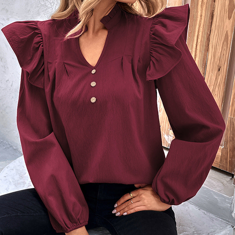 Damen Bluse Rüschenärmel Knöpfe Norvielle
