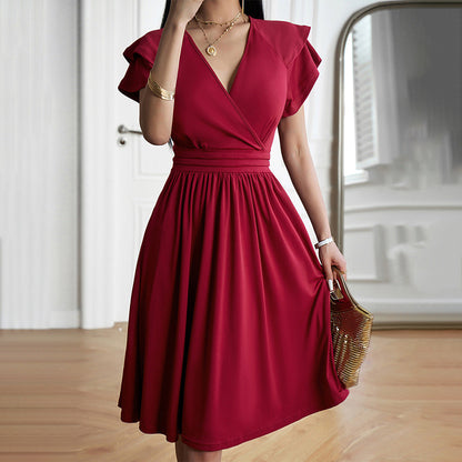 Damen Kurzarmkleid Einfarbig V-Ausschnitt