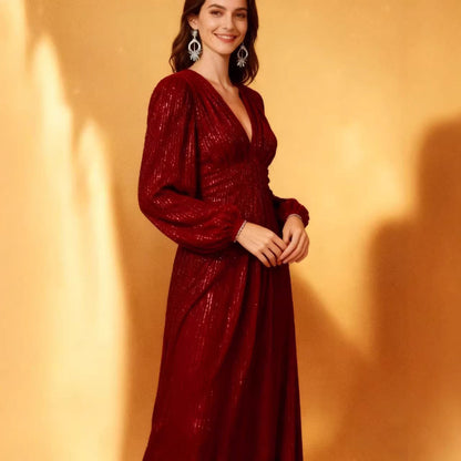 Damen Abendkleid Funkelnder Stoff V-Ausschnitt Norvielle