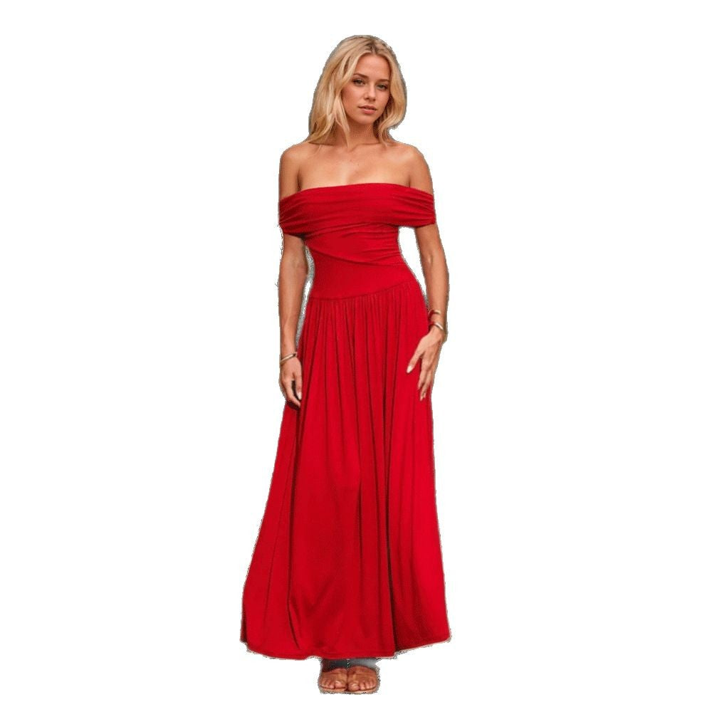 Damen Maxikleid Schulterfrei Raff-Look Elegant