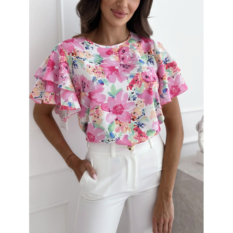 Damen Bluse Voluminöse Rüschensäume Floraler Druck